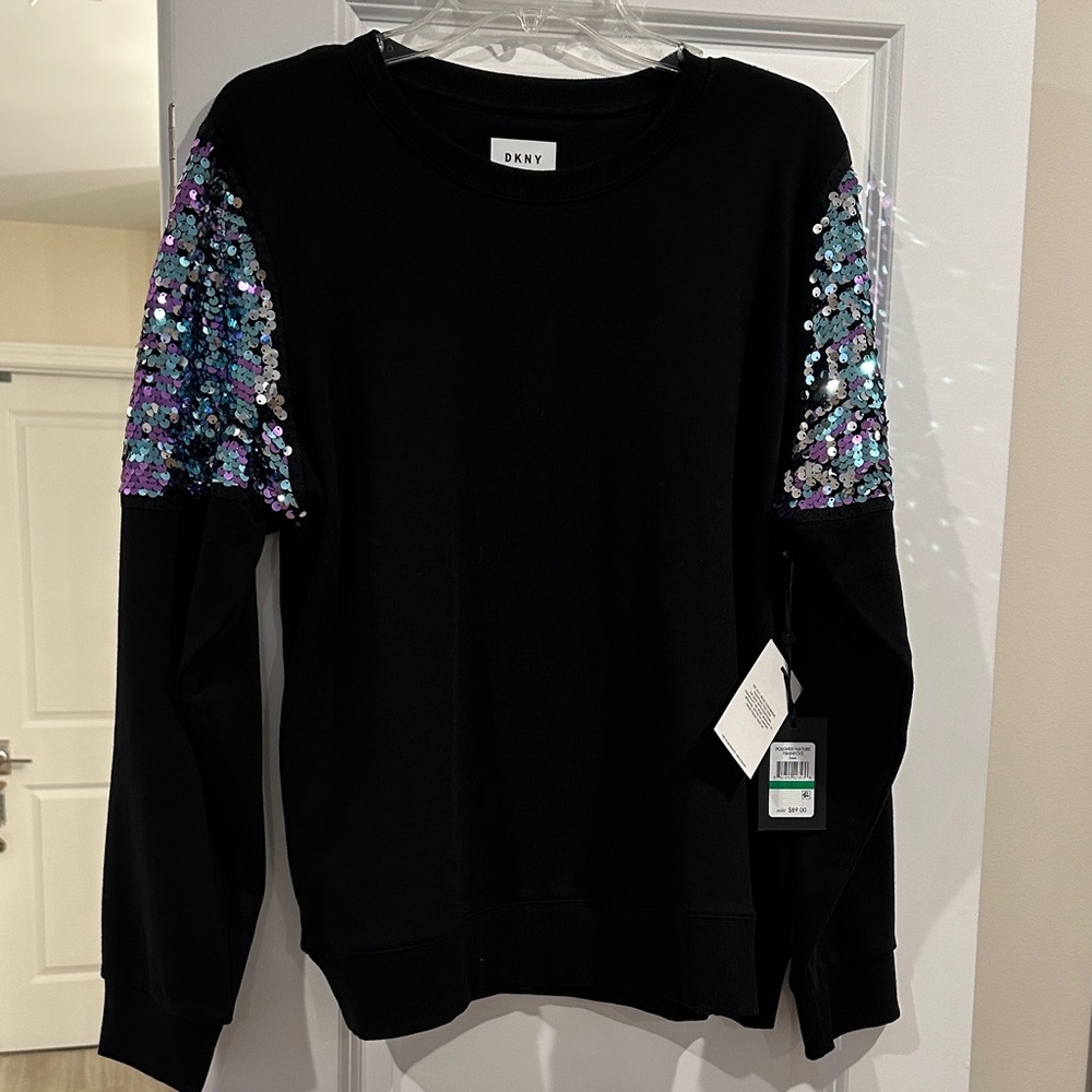 DKNY Black Sweater with Purple and Blue Sequin Sleeves Size Large